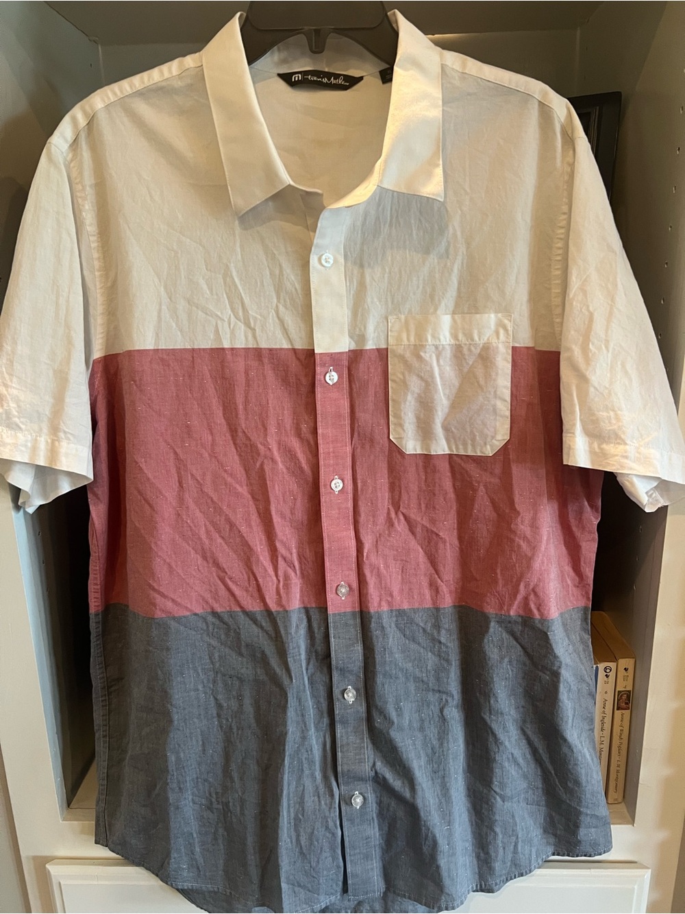 Travis Mathew Shirt Red White Blue Short-Sleeve Button-Up  XL